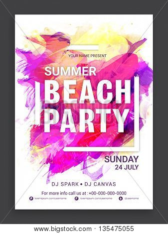 Colorful abstract brush stroke decorated, Template, Banner, Flyer or Invitation Card design for Summer Beach Party celebration.