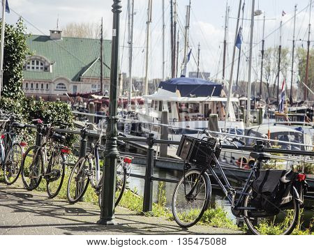 view to Rotterdam city harbour, future architecture concept, many boats on background, nobody lifestyle cocept casual