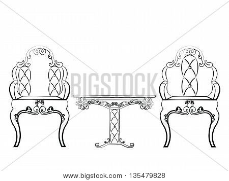 Elegant Table and chairs furniture set quilted with leather ornamented in neoclassic style. Vector