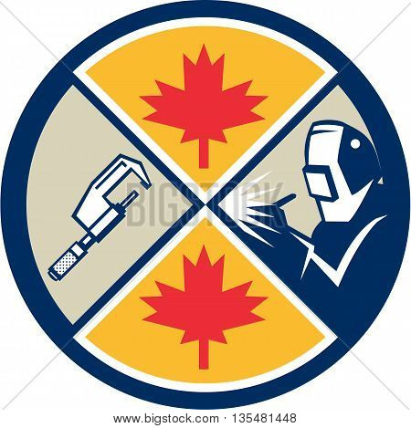Illustration of a millwright caliper welder and Canada maple leaf set inside circle done in retro style.