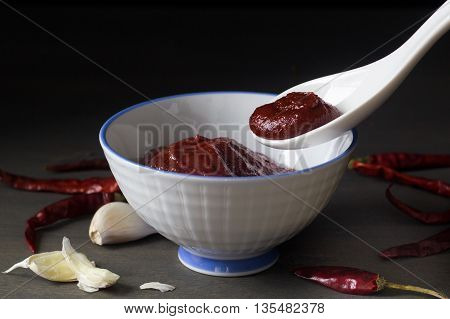 Gochujang in white bowl with spoon and garlic and chili peppers