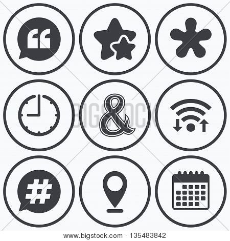 Clock, wifi and stars icons. Quote, asterisk footnote icons. Hashtag social media and ampersand symbols. Programming logical operator AND sign. Speech bubble. Calendar symbol.