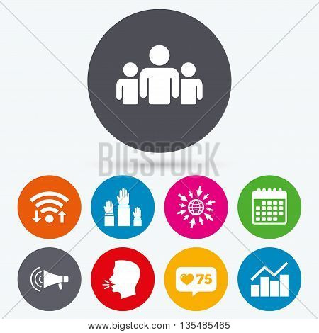 Wifi, like counter and calendar icons. Strike group of people icon. Megaphone loudspeaker sign. Election or voting symbol. Hands raised up. Human talk, go to web.