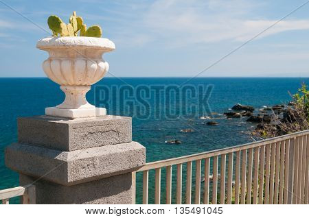 Ornamental cactus vase along the seafront of Acicastello a village in the province of Catania Sicily
