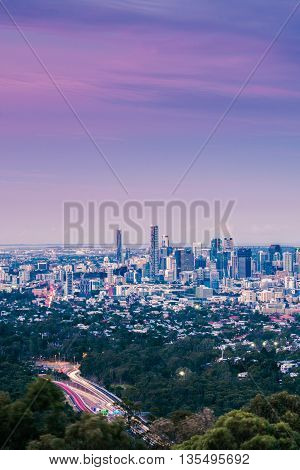 View of Brisbane City from Mount Coot-tha at night. Queensland, Australia.