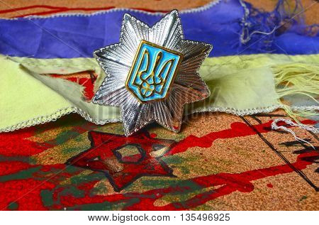 ILLUSTRATIVE EDITORIAL.Cockade of Ukrainian new pro-american occupational police.June 13,2016 in Kiev, Ukraine