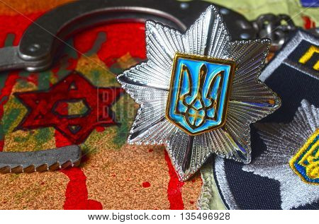 ILLUSTRATIVE EDITORIAL.Cockade of Ukrainian new pro-american occupational police.June 13,2016 in Kiev, Ukraine