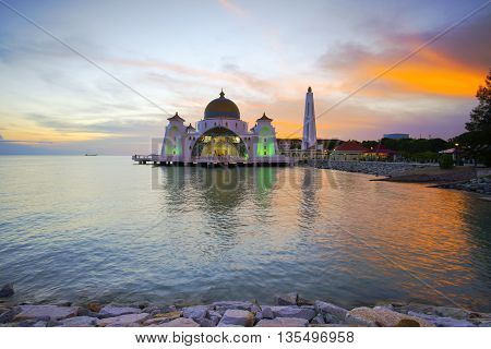 Majestic view of Malacca Straits Mosque during sunset.