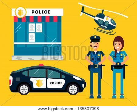 City police station department building with policeman and woman and police car and police helicopter in flat style isolated on good yellow background