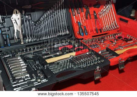 Display of tools shop marketing for home and auto repair. Wrenches for mechanic lying on the counter. Tools for auto spare parts and auto service