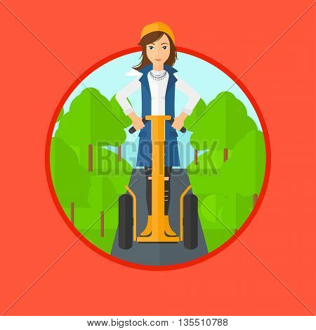 Woman driving electric scooter. Woman on self-balancing electric scooter with two wheels. Woman on electric scooter in the park. Vector flat design illustration in the circle isolated on background.