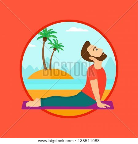 A hipster man practicing yoga upward dog pose. Man meditating in yoga upward dog position on the beach. Man doing yoga on nature. Vector flat design illustration in the circle isolated on background.