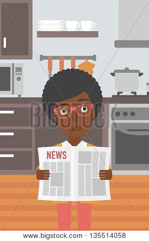 An african-american woman reading the newspaper on the background of kitchen vector flat design illustration. Vertical layout.