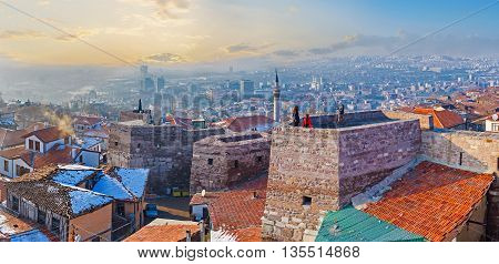 Panorama oh Hisar Castle Hill with the old stone towers connected by the huge wall Ankara Turkey.
