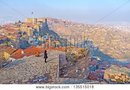 The viewpoint on the top of the tower overlooks the Castle Hill and adjacent city hills of Ankara Turkey.