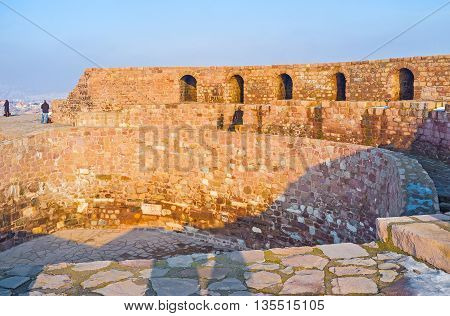 The stone citadel wall located on the top of the hill in the city center Ankara Turkey.