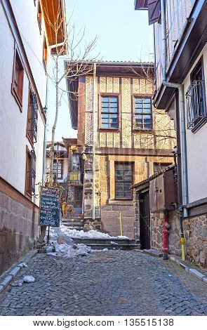 ANKARA TURKEY - JANUARY 16 2015: The half-timbered houses in the renovated neighborhood known as the Turkish village on January 16 in Ankara.