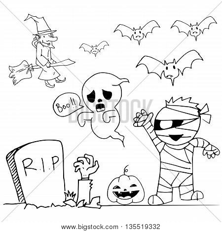 Cute Halloweeen doodle mummy ghost witch vector illustration