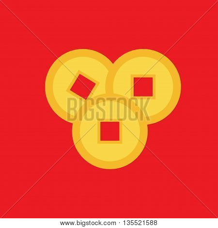 Three feng shui Chinese coin set. China gold money square centre. Golden coin with hole. Happy New Year symbol atribute. Flat design. Red background. Isolated. Vector illustration.