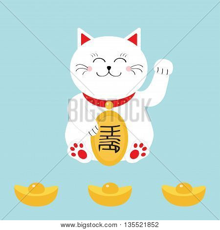 Lucky cat holding golden coin. Japanese Maneki Neco cat waving hand paw icon. Chinese gold Ingot. Feng shui Success wealth symbol mascot. Cute character. Greeting card. Flat. Blue background. Vector