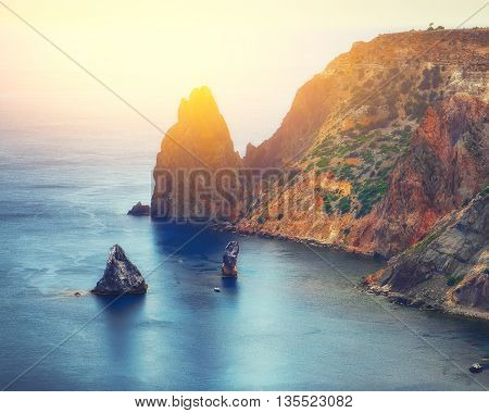 The coast at the cape Fiolent. The top view on the sea and rocks of the cape Fiolent. Crimea