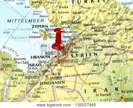Map with pin set on Damascus, Syria.