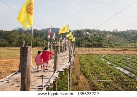 Su Tong Pe bridge beautiful bamboo bridge in Mae Hong Son province Thailand.