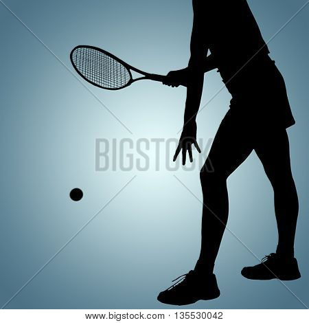 Athlete playing tennis with a racket against grey vignette