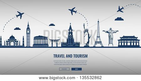 Travel Composition With Famous World Landmarks. Travel And Tourism. Concept Website Template.