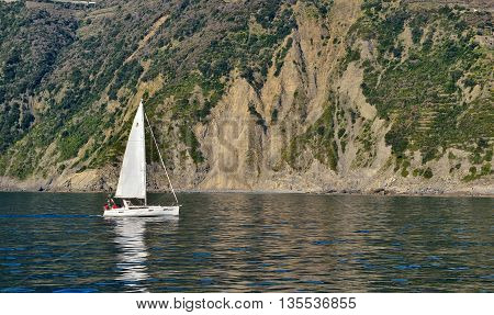 Yacht in Mediteraneean Sea, near Cinque Terre, Italy