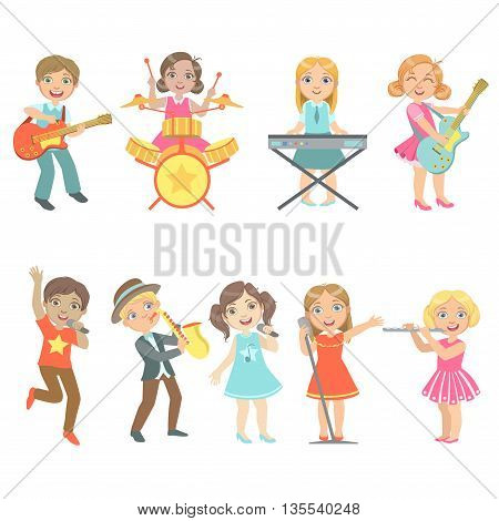 Kid Singing And Playing Music Instruments Set Of Cute Big-eyed Characters Flat Vector Isolated Illustrations On White Background