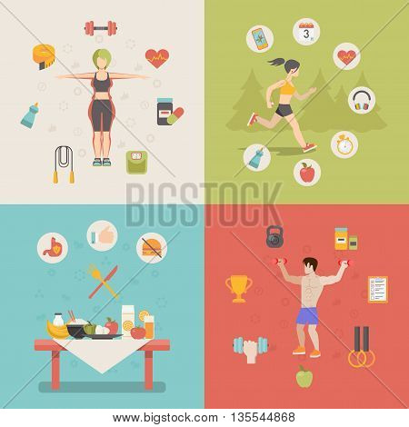 Healthy life concept vector illustration set people sports food