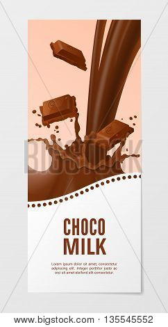 Milk 3d vector illustration. Business choco splash background.