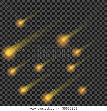 Yellow Stars Isolated on Checkered Background. Hight Sky. Shooting Selestial Comets. Meteor Shower. Meteorites Falling.
