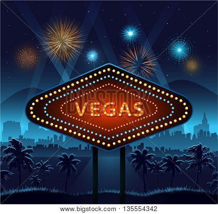 Vegas city sign at night and city background with lights and fireworks