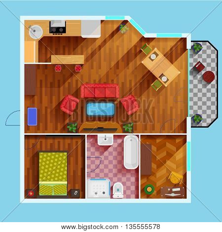 One bedroom apartment floor Plan with kitchen dinning area balcony bathroom and rooms for study and leisure flat vector illustration