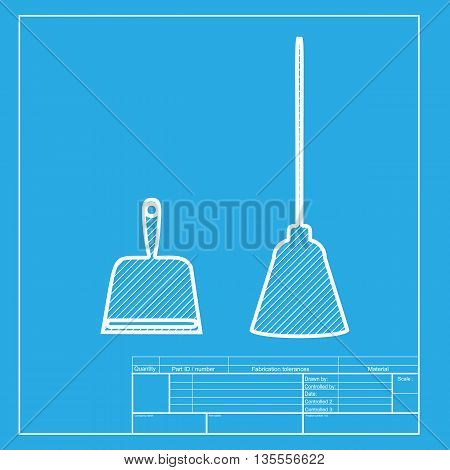 Dustpan vector sign. Scoop for cleaning garbage housework dustpan equipment. White section of icon on blueprint template.