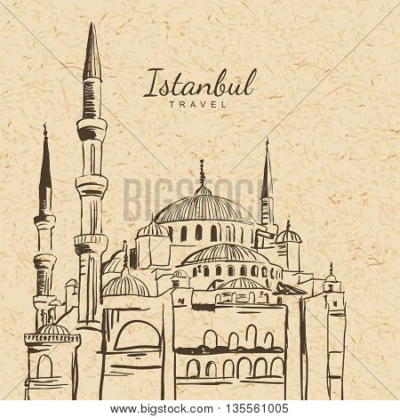 Vector Illustration Of Blue Mosque On Vintage Paper Background. Sultanahmet Camii Hand Drawn Sketch.