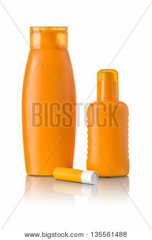 Sunscreen products on a white background with reflection