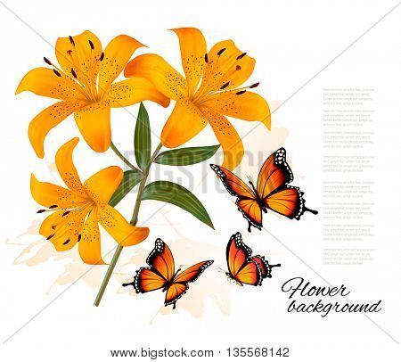 Flower Background With Three Beautiful Lilies and Butterflies. Vector.