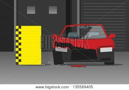Crashed car vecot illustration on dark garage or night street, concept of crash test