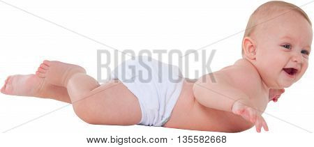 A photo of cute toddler smiling Side view of baby boy is lying on his tummy He is wearing diaper isolated over white background