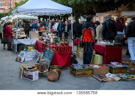 Trani Italy - May 22 2016: flea market vintage items for sale on the main square
