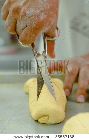 Bakers hands holding scissors above prepared bread dough roll.