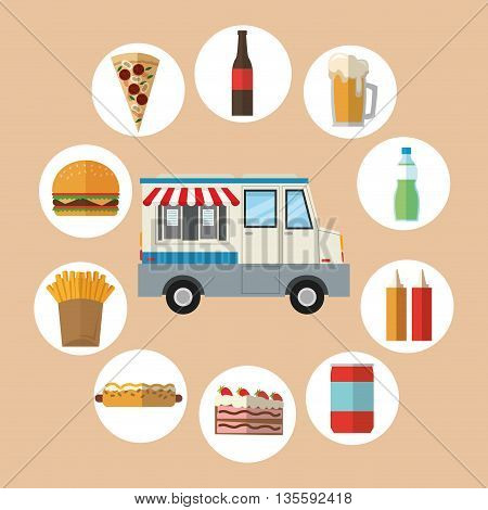 Delicius Food represented by set of food with truck icon over pastel and flat background