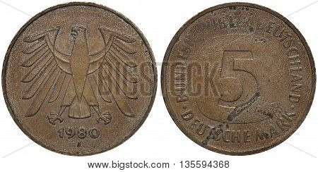 Five German Mark Coin Formerly Used In Germany