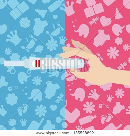 Vector illustration of pregnancy test in woman's hand. Background with baby icons.