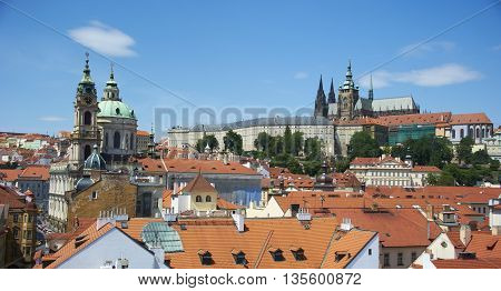 view of Prague Castle, St. Vitus Cathedral and Lesser Town from Lesser Town Bridge Tower (Charles Bridge)