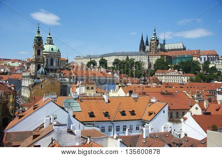 view of Prague Castle, St. Vitus Cathedral and Lesser Town from Lesser Town Bridge Tower (Charles Bridge)