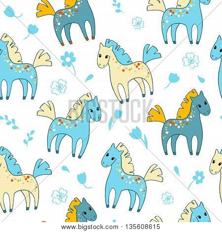 Seamless pattern with cute cartoon horses and flowers. Vector illustration.